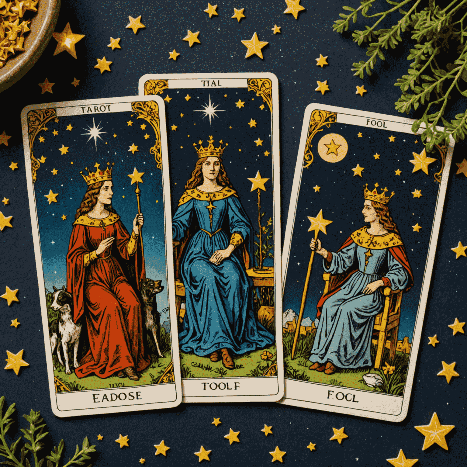 Ilustración de una tirada de tarot de tres cartas, mostrando El Loco, La Emperatriz y La Estrella en un fondo estrellado