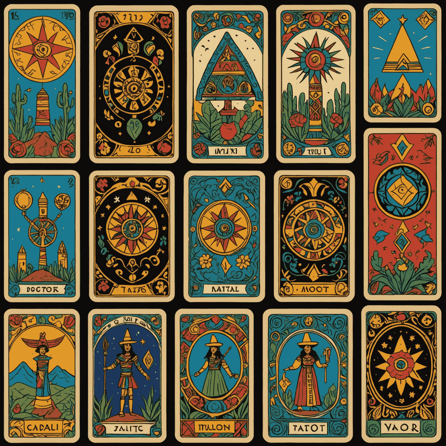 Una imagen colorida que muestra cartas de tarot con diseños inspirados en el arte folclórico mexicano, rodeadas de símbolos aztecas y mayas