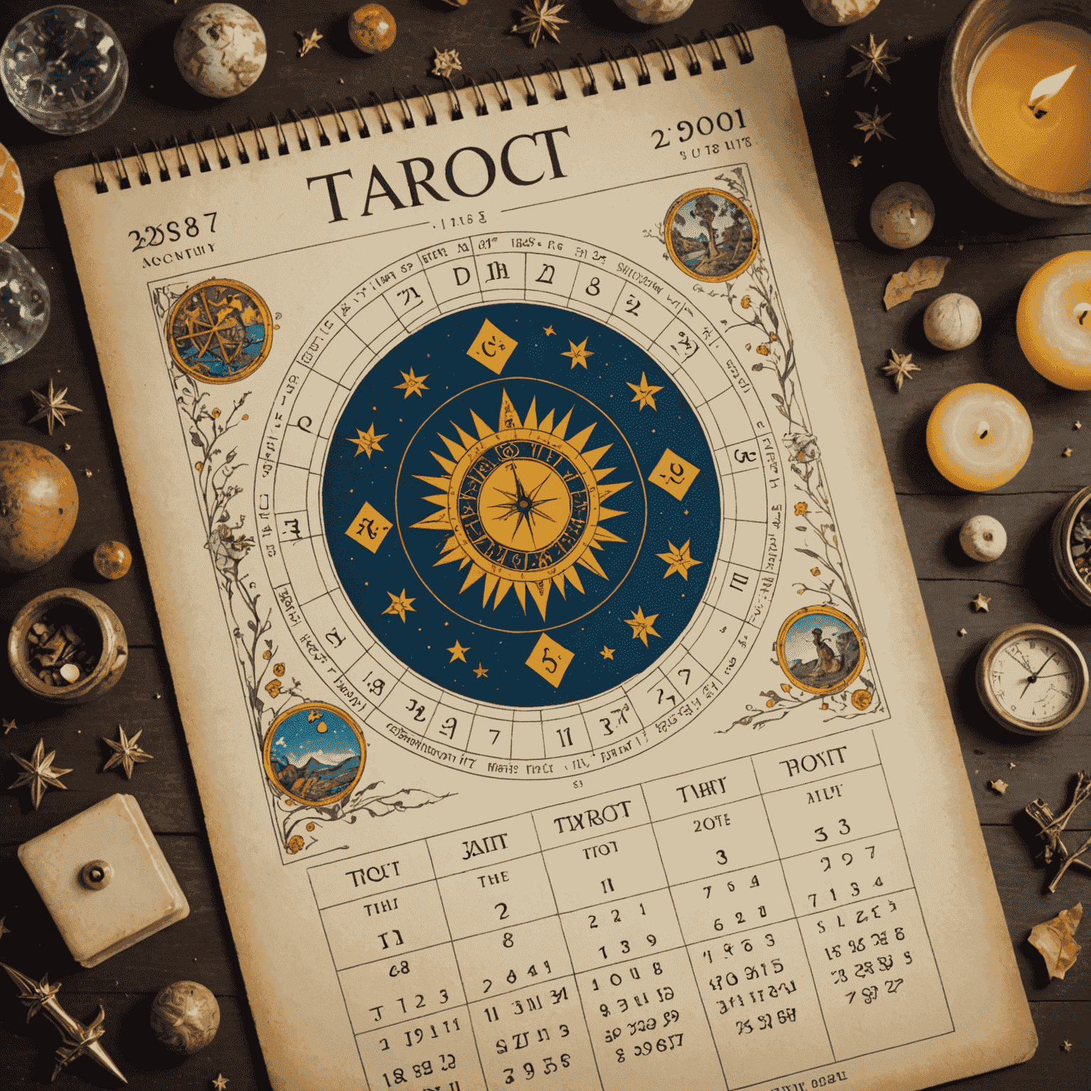 Una imagen que muestra un calendario con símbolos de tarot y astrológicos, representando un pronóstico mensual